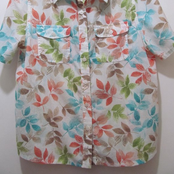 Alfred Dunner Top Shirt Blouse Short Sleeve Button Down Blue Green Orange Leaves - Picture 4 of 14